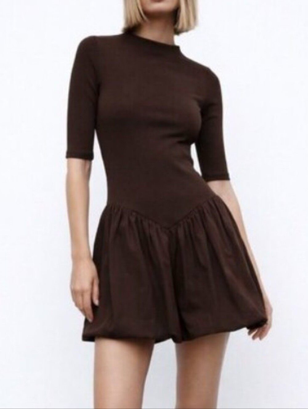 Zara Chocolate Brown Ribbed Ruffle Mini Dress